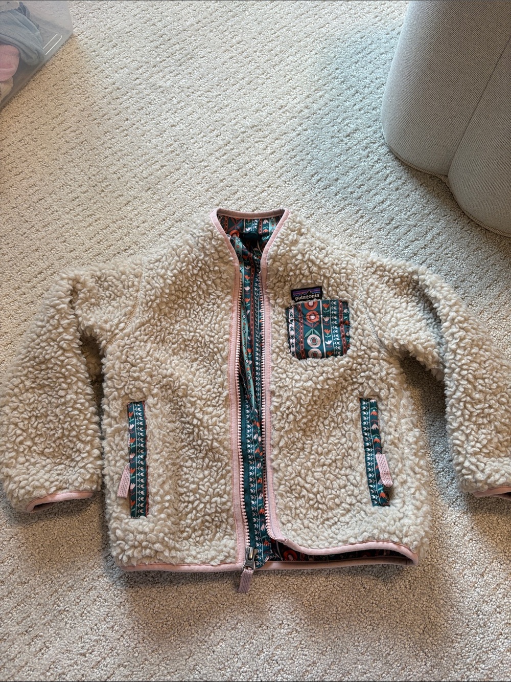 Patagonia Kids Cream Fleece Jacket with Patterned Trim
